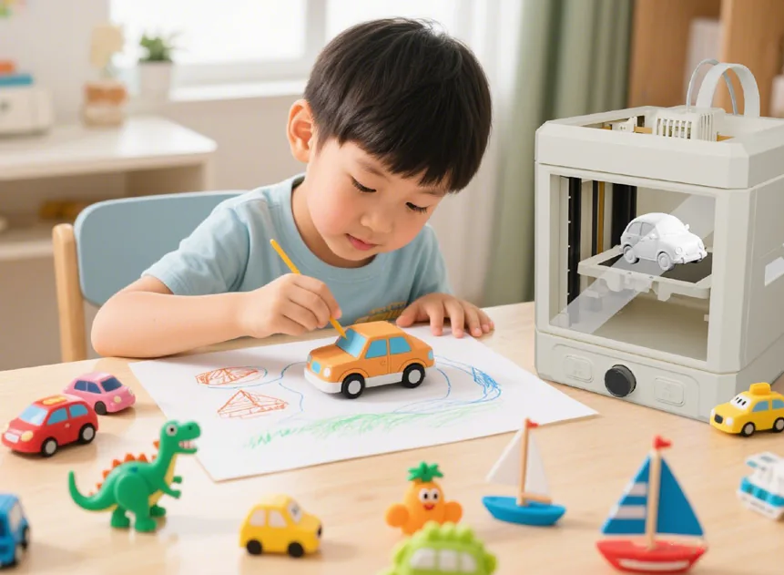 A child drawing a car next to a Kraft Easy printer, with the printed car on the table