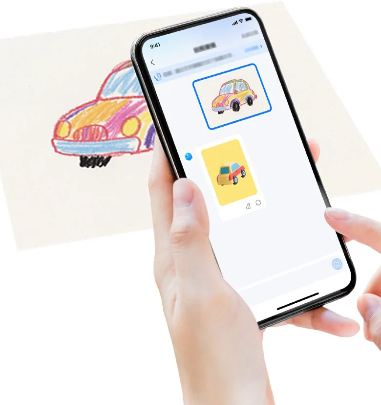 A phone photographing a child's crayon drawing of a car
