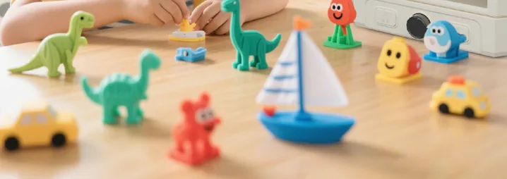 Colorful printed toys: dinosaurs, a sailboat and small cars