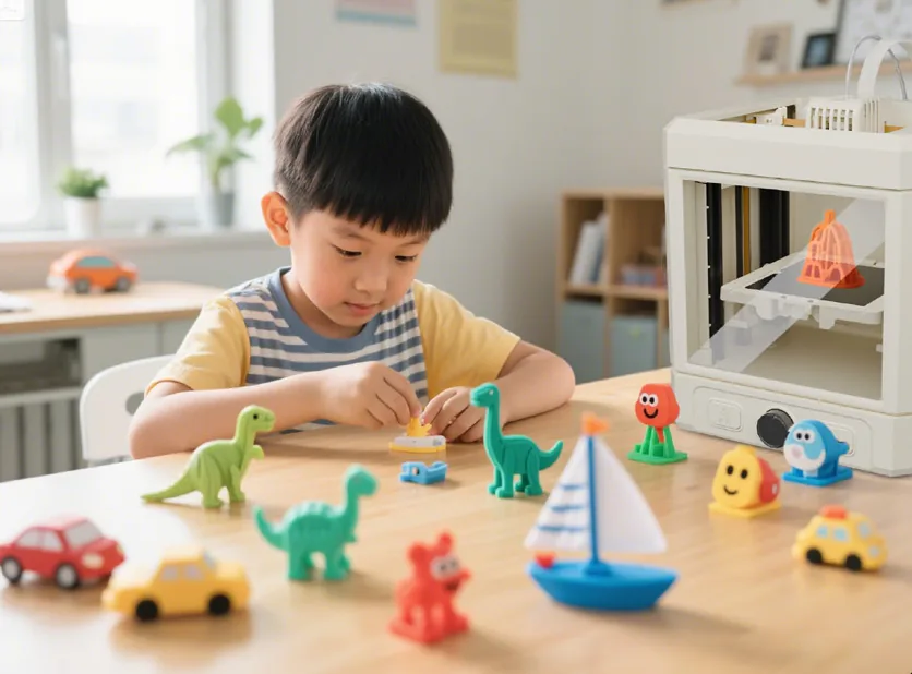 A child playing with printed toys next to a Kraft Easy printer