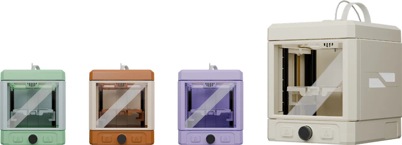 The Kraft Easy 3D printer line-up in green, brown, purple and white