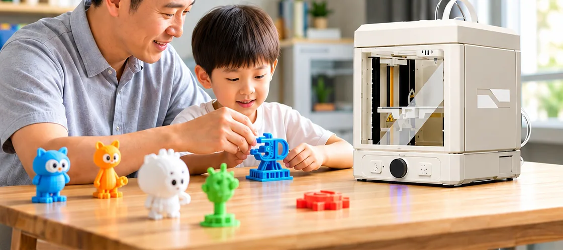 A parent and child playing with colorful 3D printed toys beside a white Kraft Easy printer